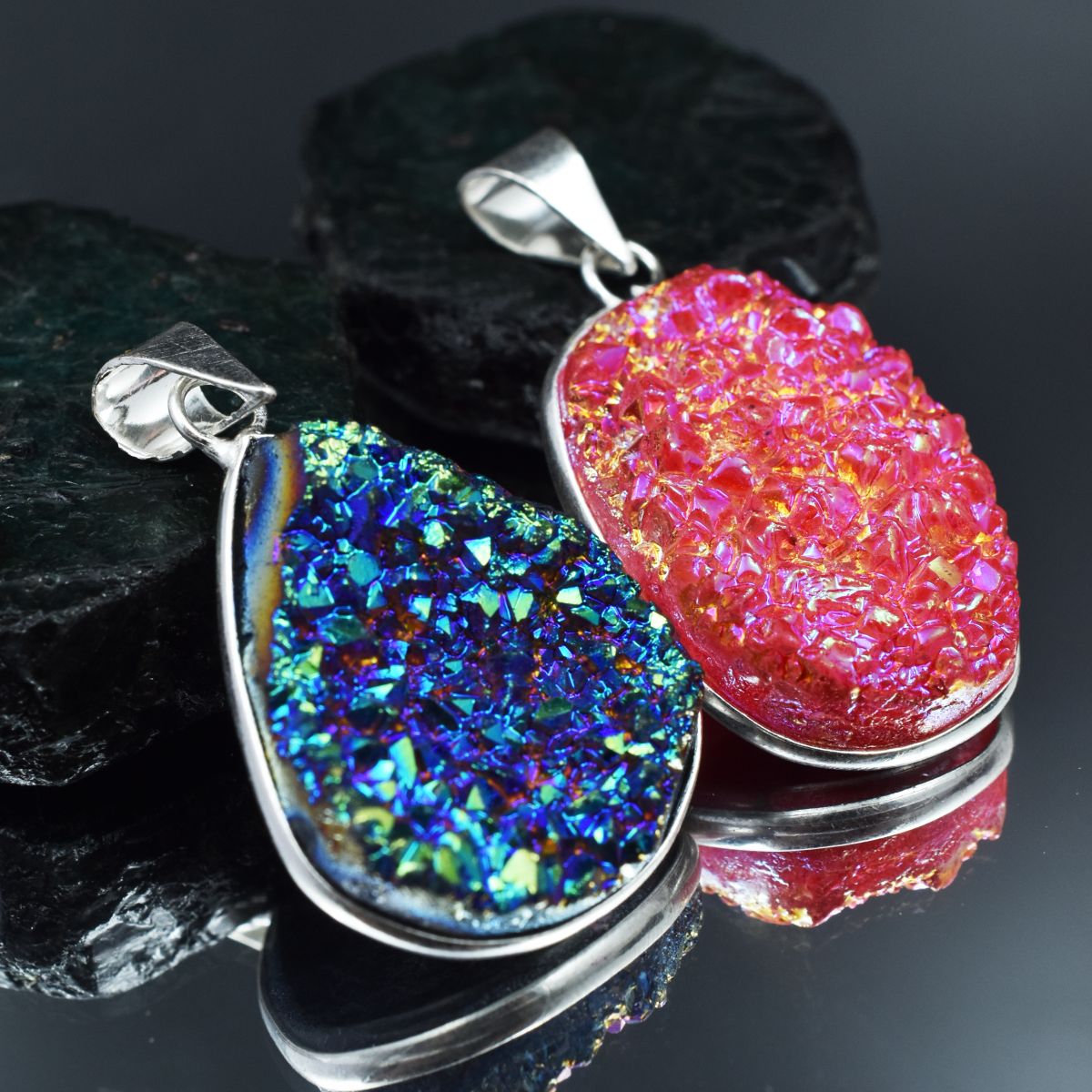 Handmade Pendant Stone Oval-Pear Cut 90.30 Ct Titanium Druzy 925 Silver Gemstone