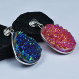 Handmade Pendant Stone Oval-Pear Cut 90.30 Ct Titanium Druzy 925 Silver Gemstone
