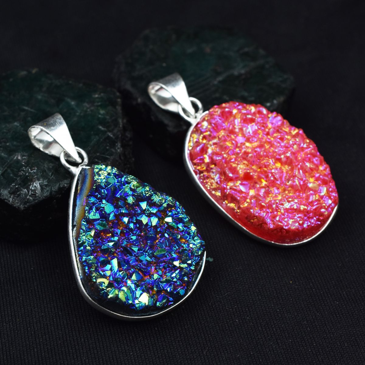 Handmade Pendant Stone Oval-Pear Cut 90.30 Ct Titanium Druzy 925 Silver Gemstone