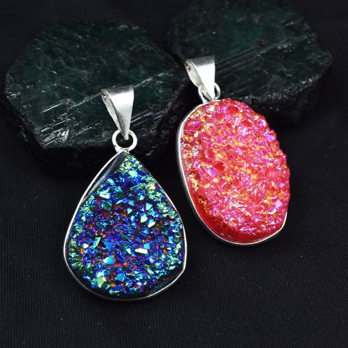 Handmade Pendant Stone Oval-Pear Cut 90.30 Ct Titanium Druzy 925 Silver Gemstone
