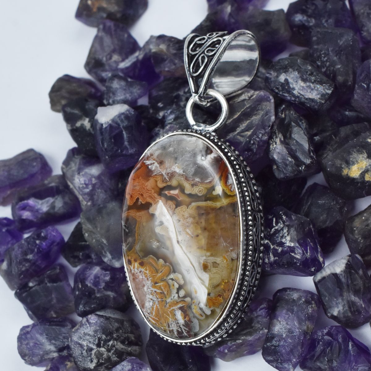 Lace agate Oval Cut 78.80 Ct Pendant Healing Stone 925 Silver Gemstone