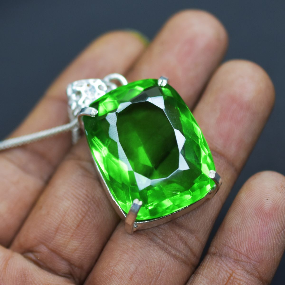 925 Sterling Silver Green Emerald Pendant Cushion Natural 91.2 Ct Gems CERTIFIED