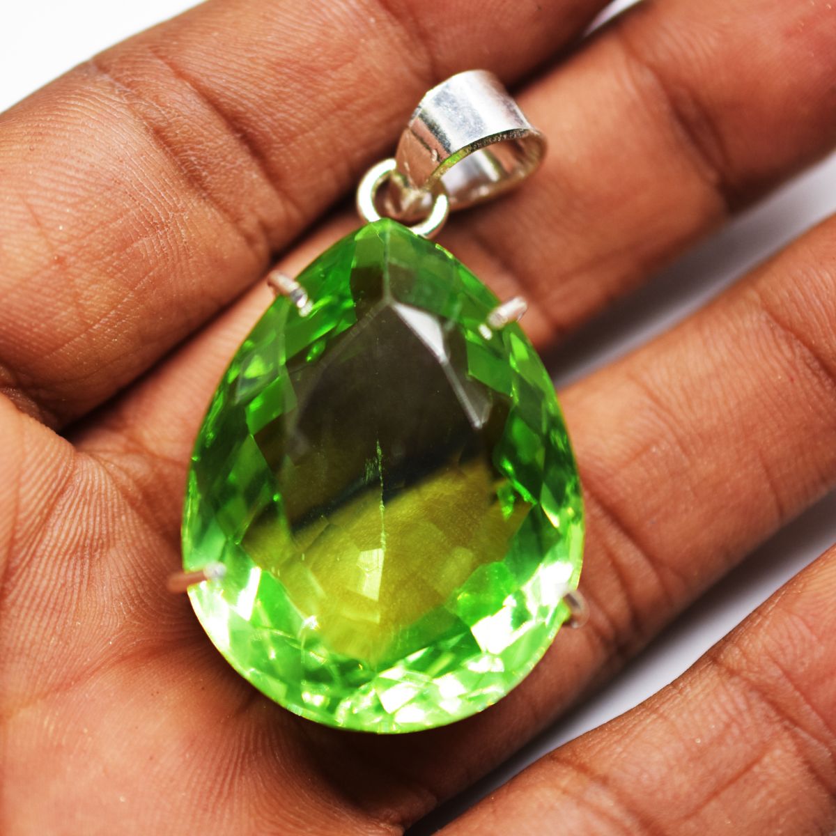 925 Sterling Silver Pendant Natural Green Topaz Pear 102.35 Ct Gems CERTIFIED
