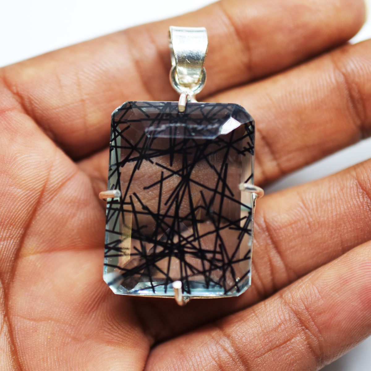 Certified 925 Sterling Silver Pendant Natural 100.15 Ct Rutile Emerald Gems