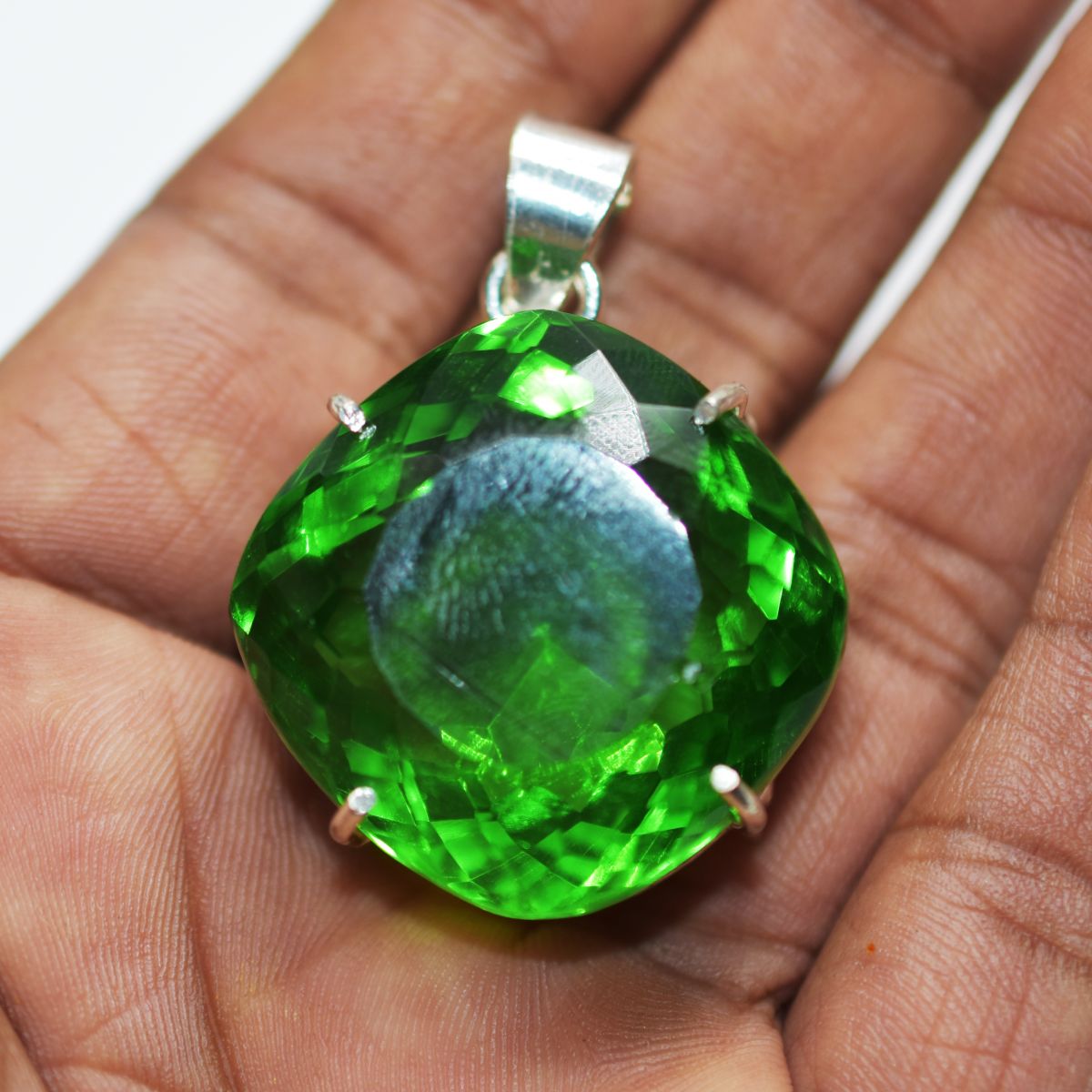 Certified 925 Sterling Silver Pendant Green Topaz Cushion 105.6 Ct Gems Natural