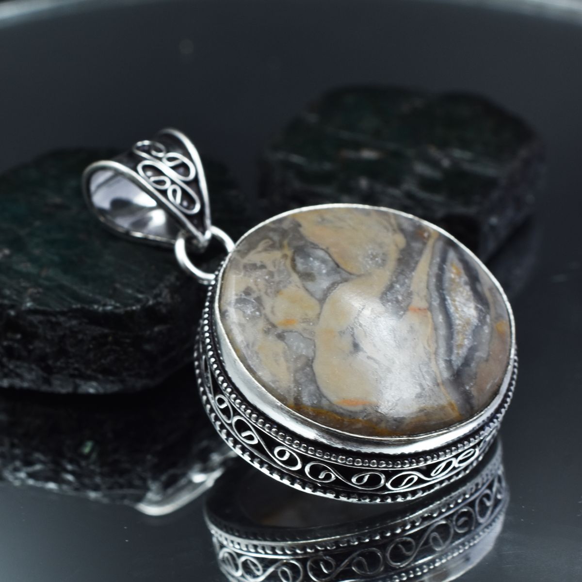 CERTIFIED Natural Web Jasper Round 88.15 Ct Gemstone Silver 925 Sterling Pendant