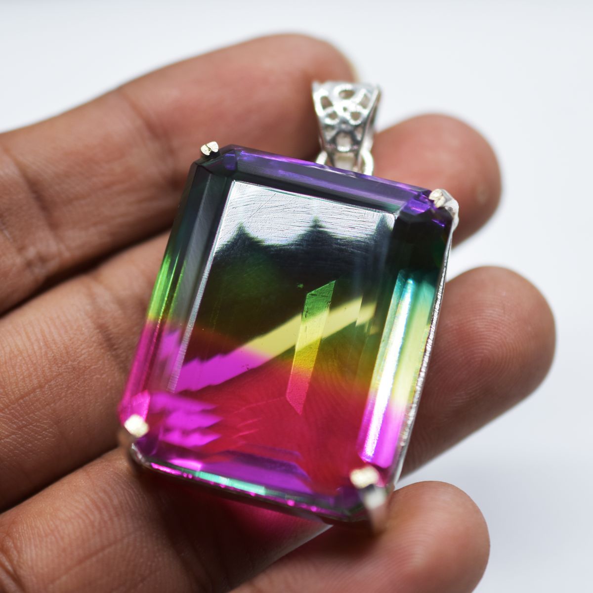 925 Sterling Silver Pendant Bi-Color Natural Tourmaline 156.15 Gems Certified