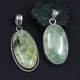 925 Sterling Silver Pendant Pear-Oval 141.05 Ct Pair CERTIFIED Green Prehnite