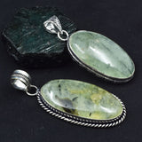 925 Sterling Silver Pendant Pear-Oval 141.05 Ct Pair CERTIFIED Green Prehnite