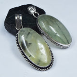 925 Sterling Silver Pendant Pear-Oval 141.05 Ct Pair CERTIFIED Green Prehnite
