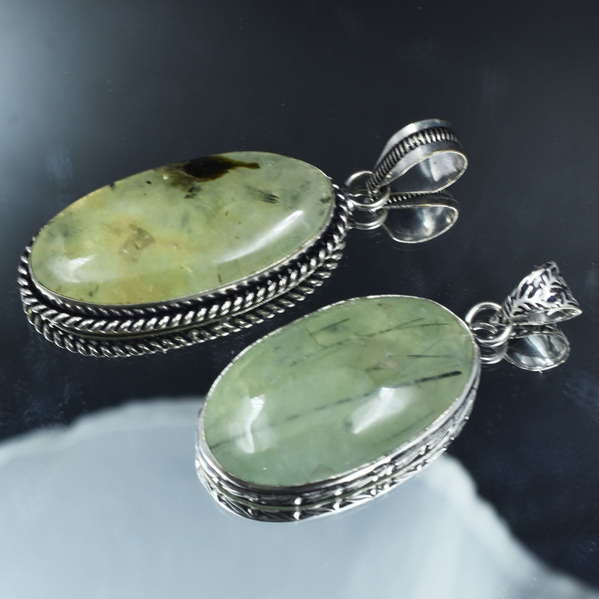925 Sterling Silver Pendant Pear-Oval 141.05 Ct Pair CERTIFIED Green Prehnite
