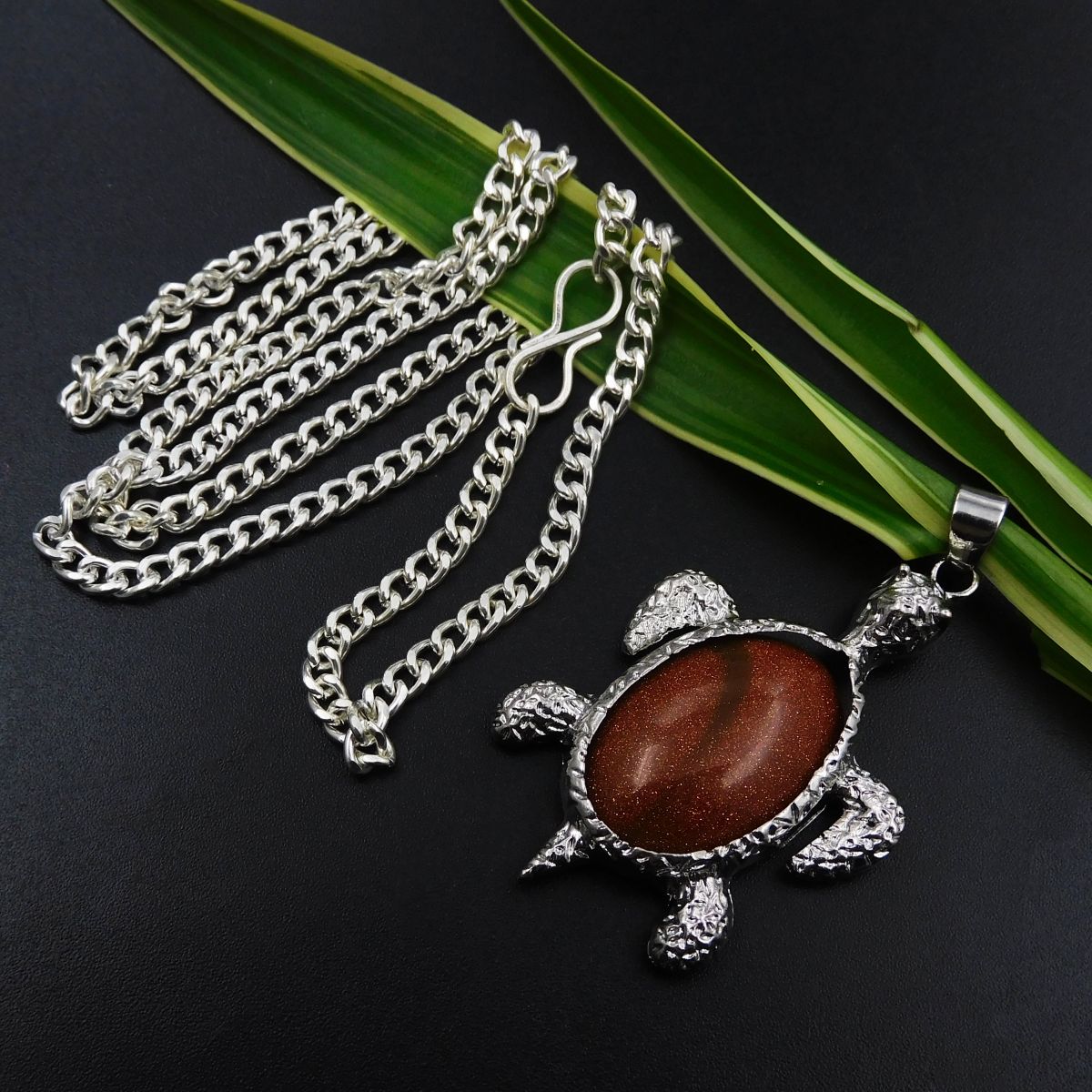 Fancy Turtle Shape Pendant With Chain 95 Ct Natural Sun Stone Silver 925 Brown