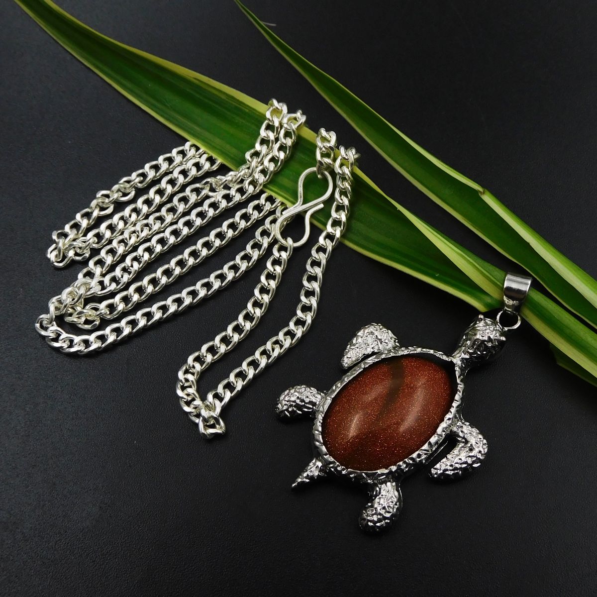 Fancy Turtle Shape Pendant With Chain 95 Ct Natural Sun Stone Silver 925 Brown
