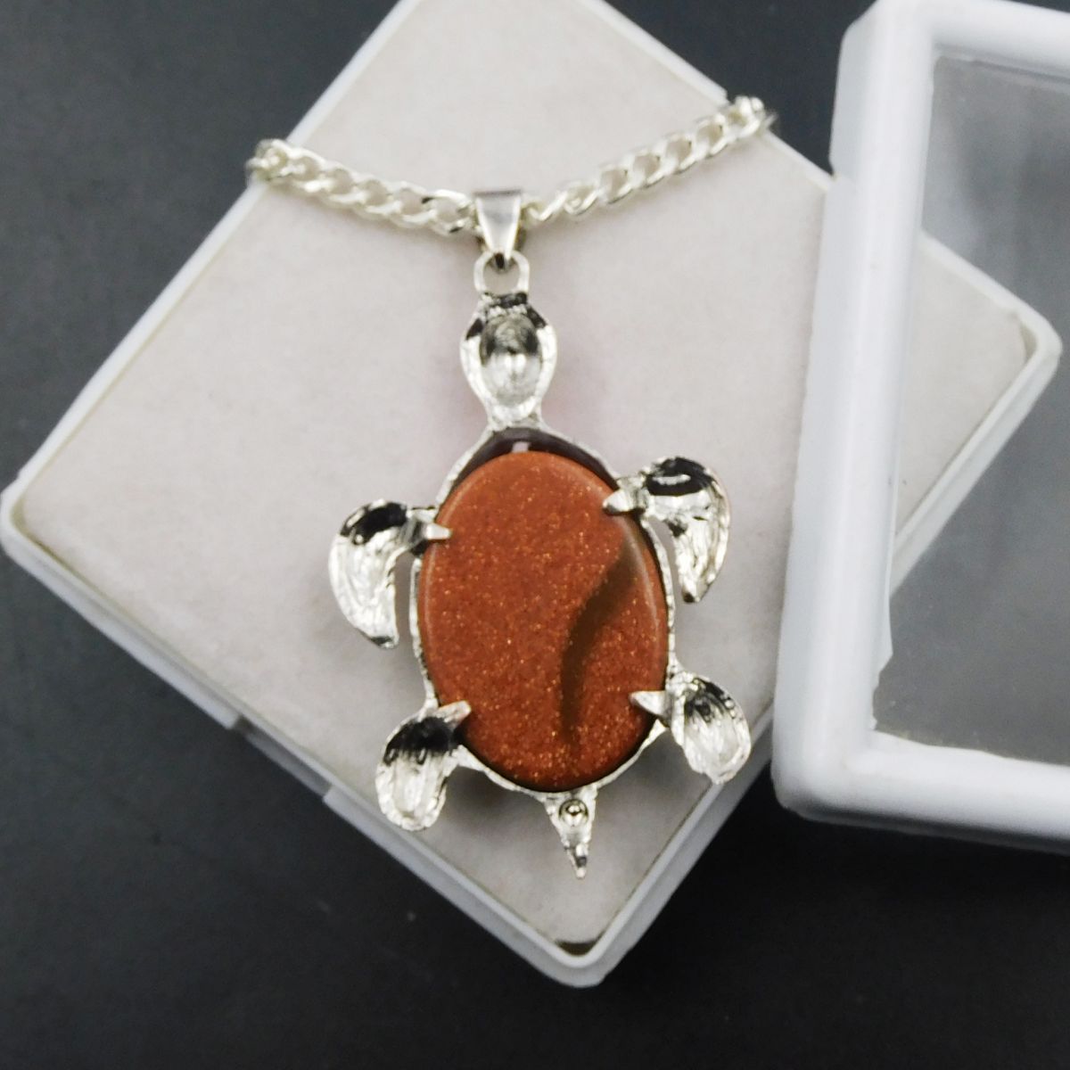 Fancy Turtle Shape Pendant With Chain 95 Ct Natural Sun Stone Silver 925 Brown