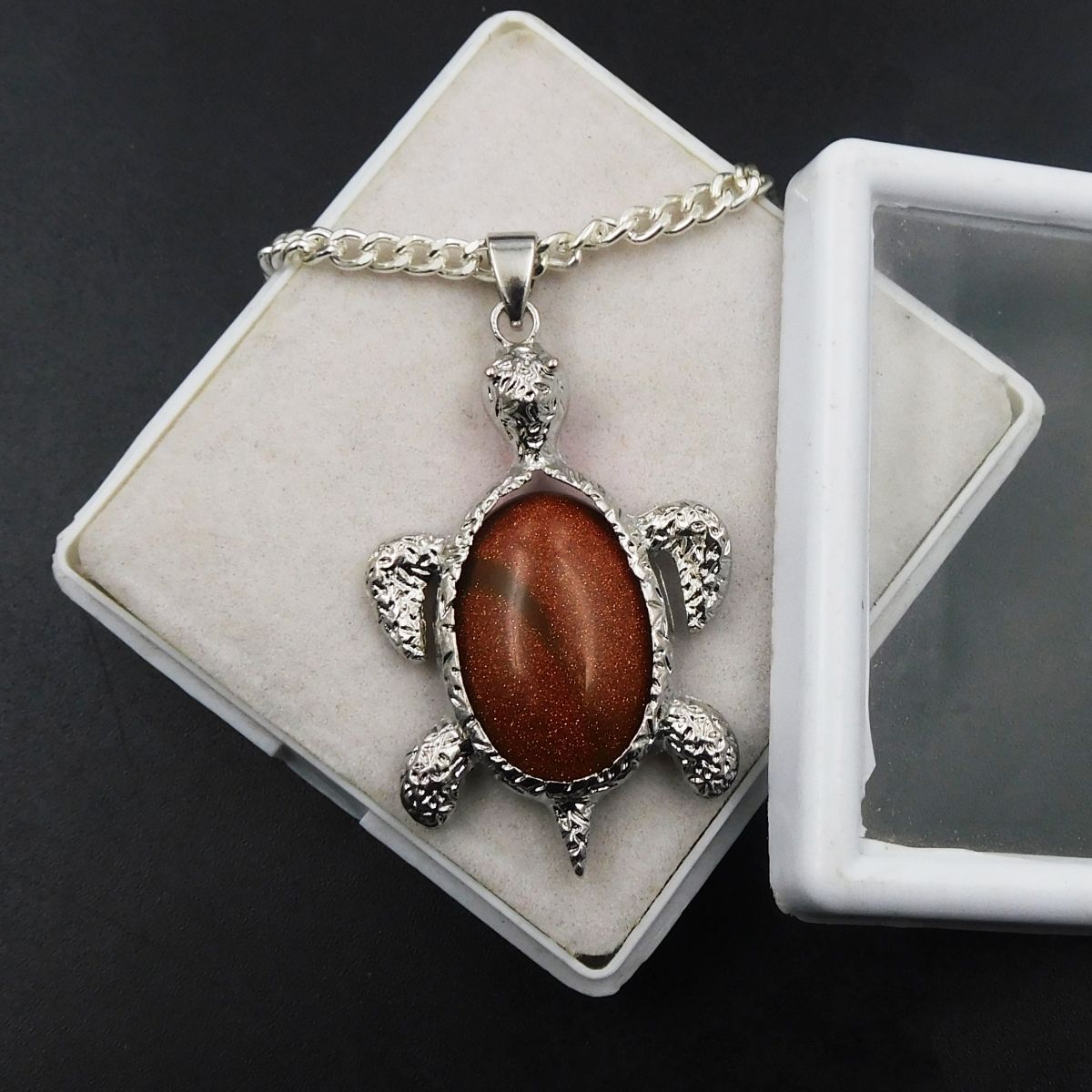 Fancy Turtle Shape Pendant With Chain 95 Ct Natural Sun Stone Silver 925 Brown