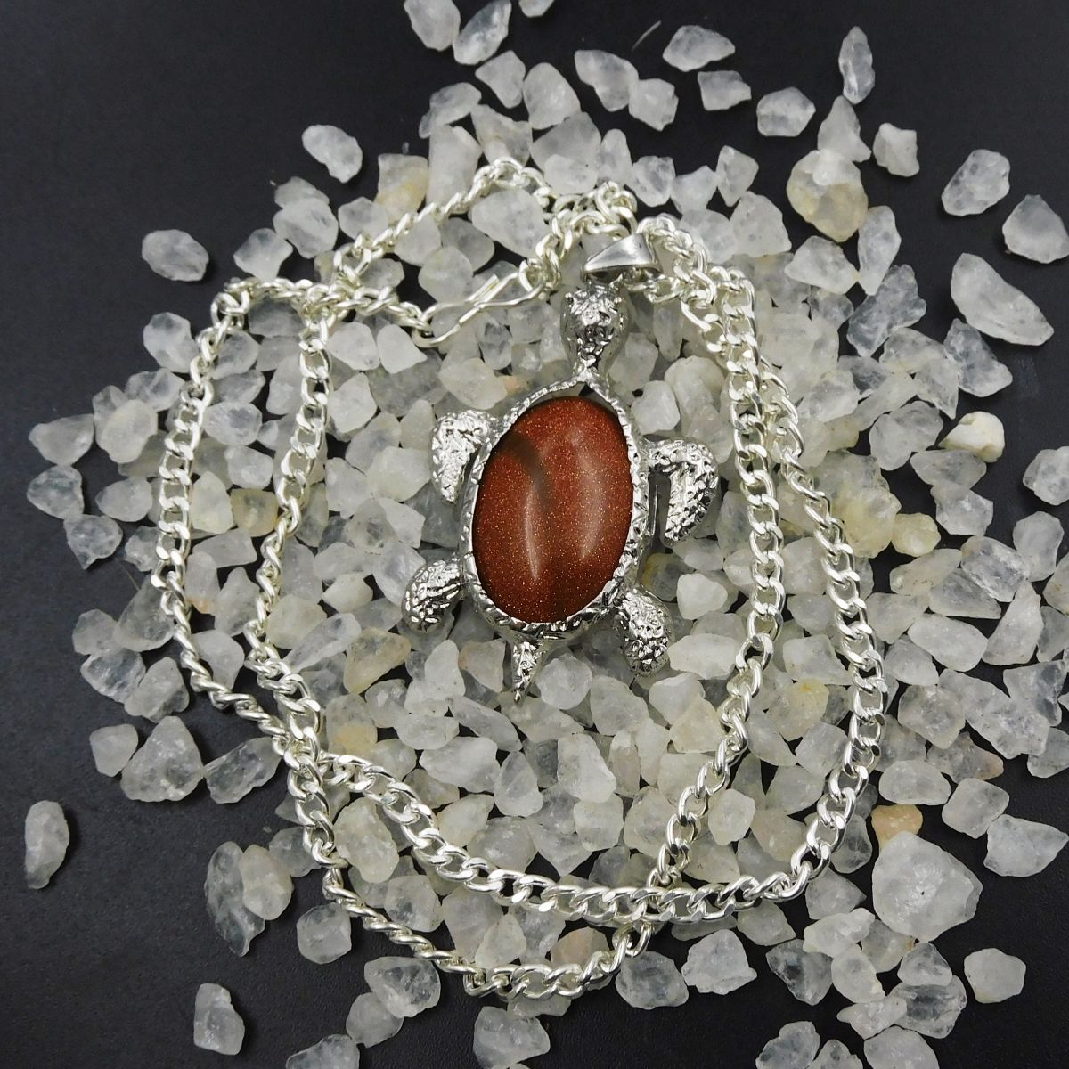 Fancy Turtle Shape Pendant With Chain 95 Ct Natural Sun Stone Silver 925 Brown