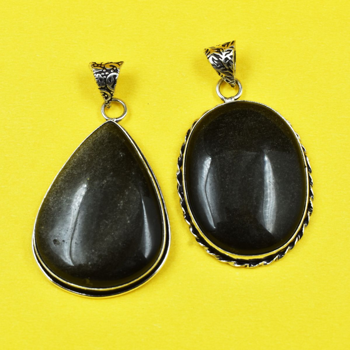 128 Ct Pair Black Onyx Oval-Pear Cut Pendant Healing Stone 925 Silver Gemstone