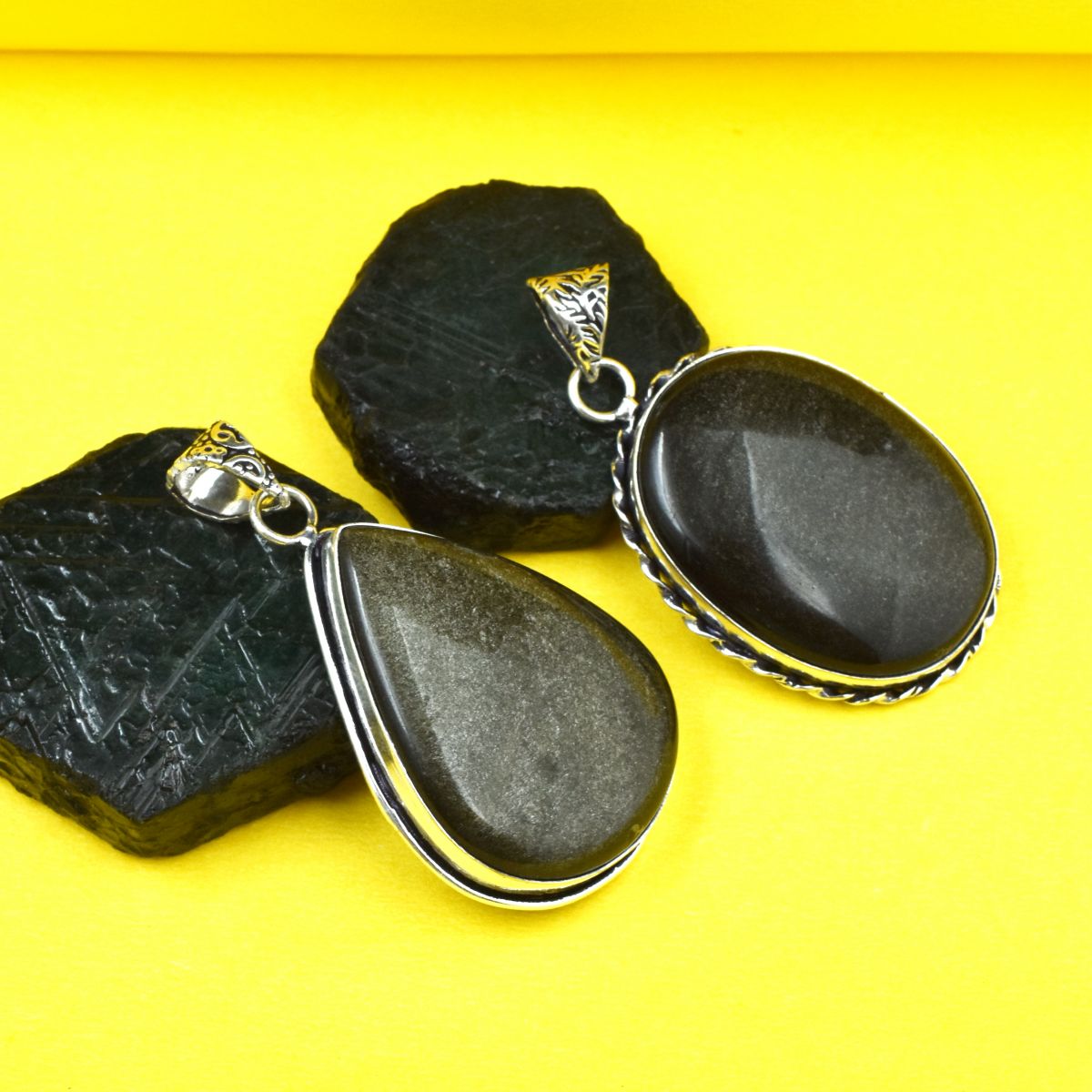 128 Ct Pair Black Onyx Oval-Pear Cut Pendant Healing Stone 925 Silver Gemstone