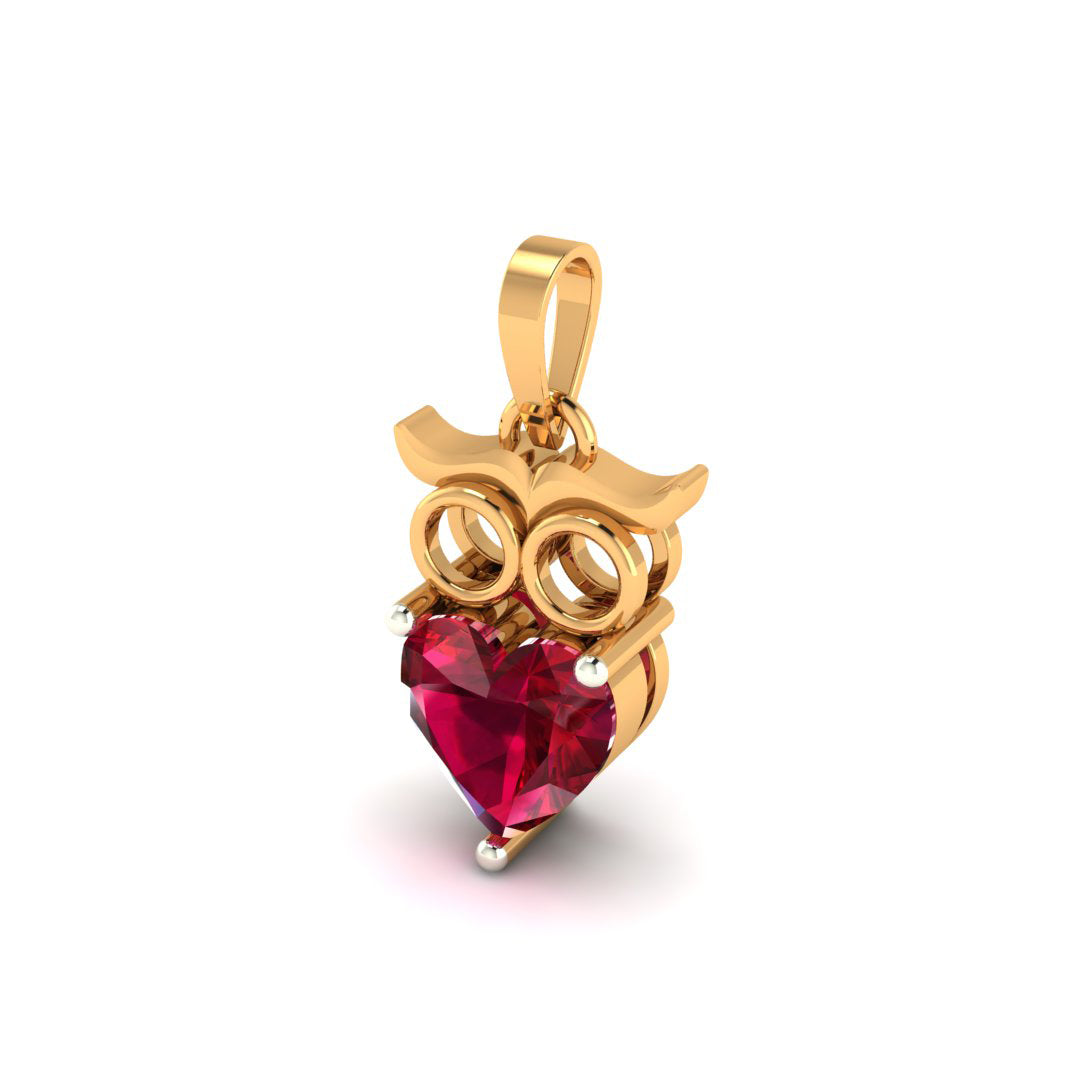 Eternal Love Owl Pendant with Heart-Shaped Red Gemstone in 18K Gold