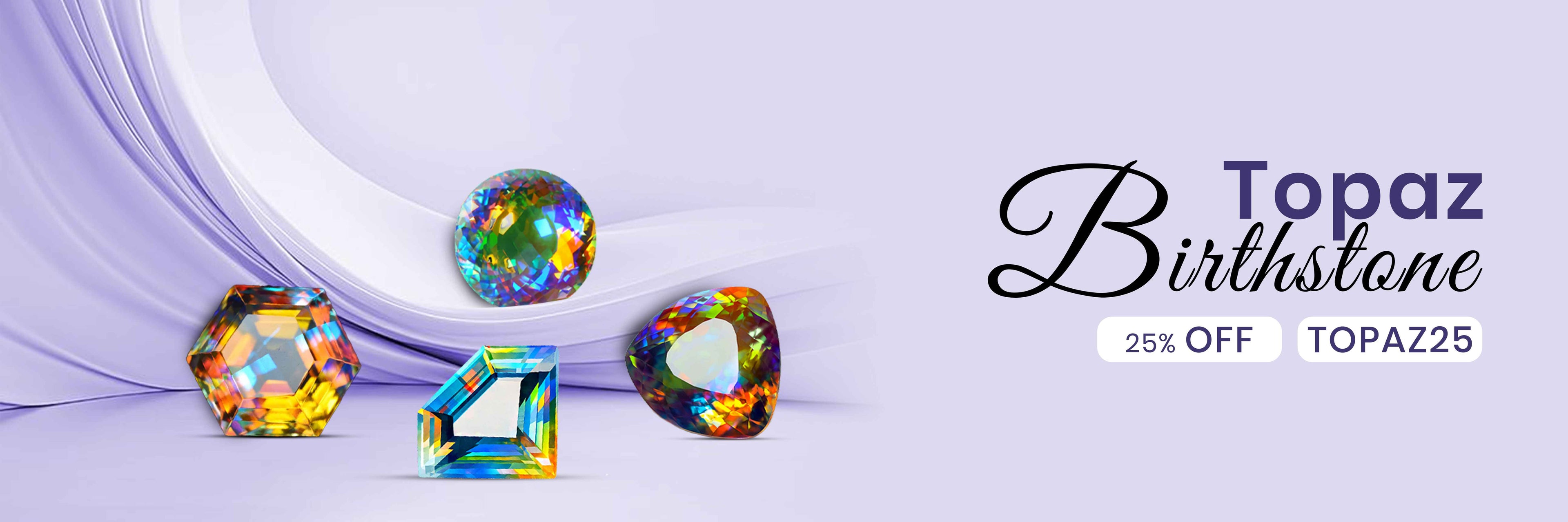Colorful topaz gemstones on a light purple background with promotional text.