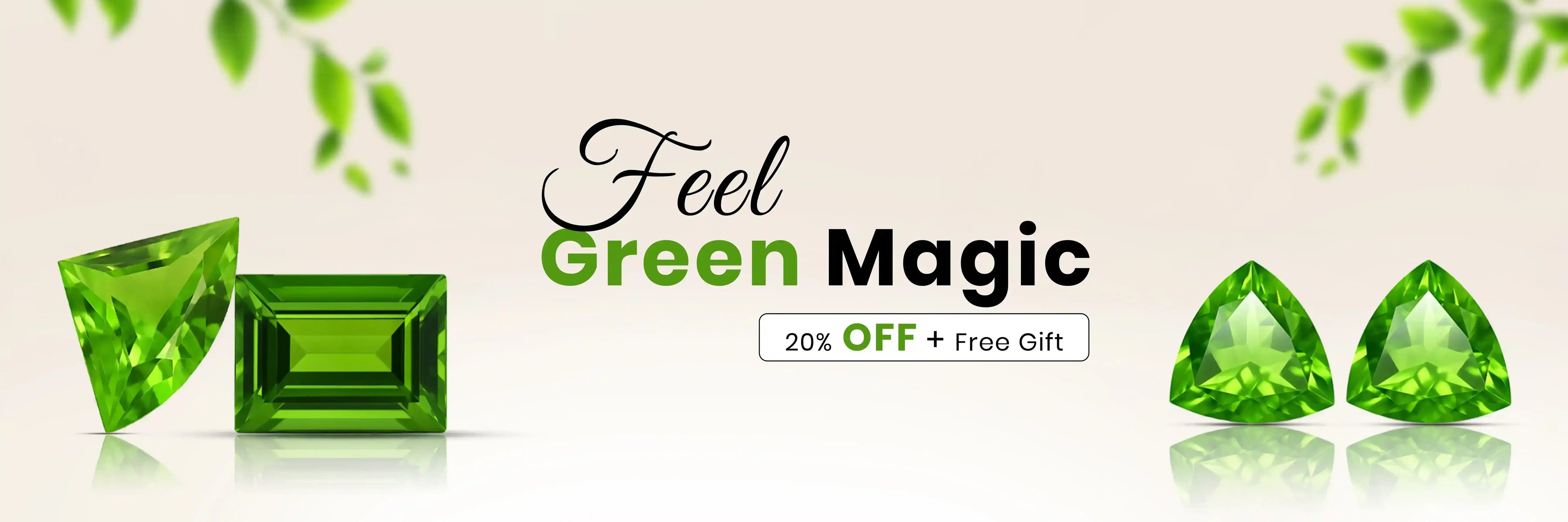 “Peridot gemstone banner with green stones in different shapes, featuring 20% OFF and free gift offer”