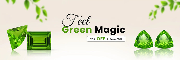 “Peridot gemstone banner with green stones in different shapes, featuring 20% OFF and free gift offer”