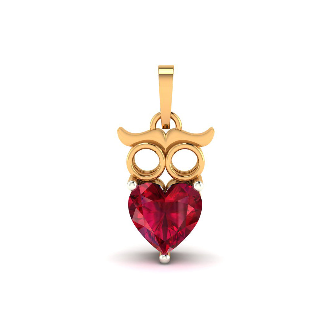 Eternal Love Owl Pendant with Heart-Shaped Red Gemstone in 18K Gold