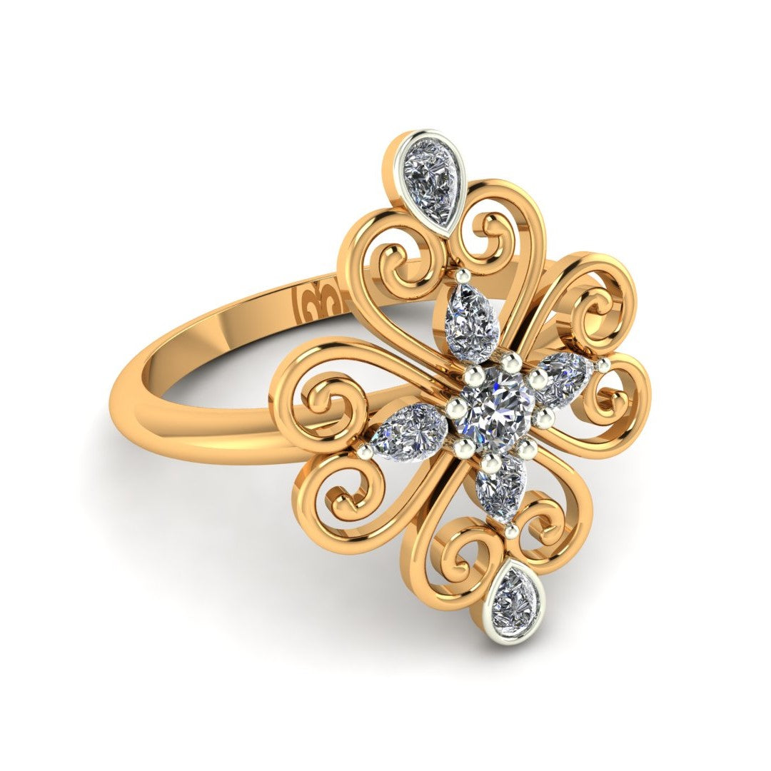 Floral Filigree Diamond Ring with Marquise Accents-18k Gold