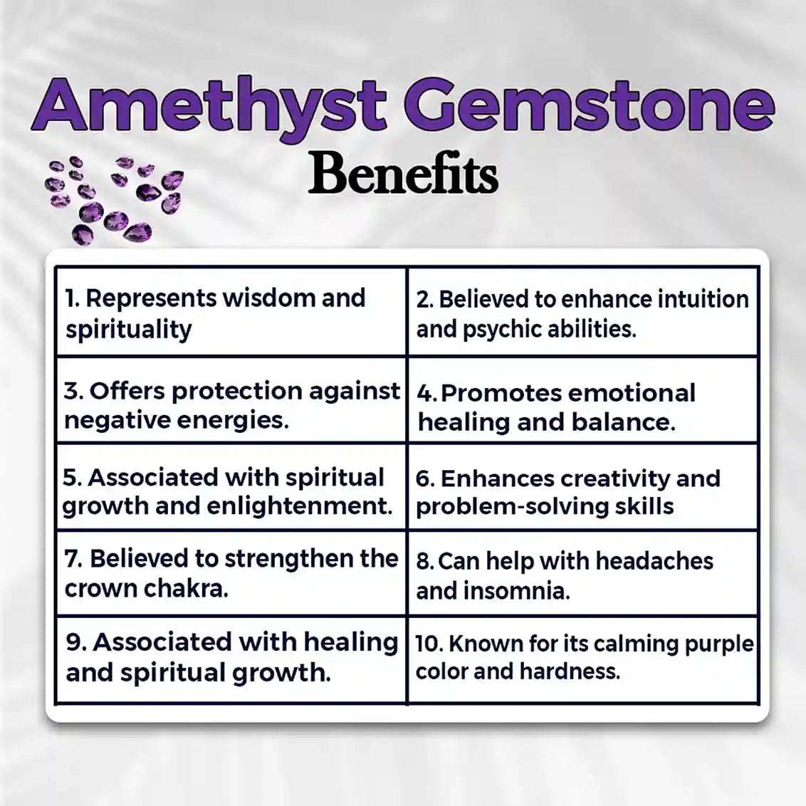 List of amethyst gemstone benefits on a white background with purple text and gemstones.