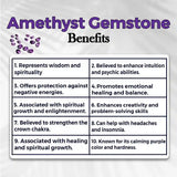List of amethyst gemstone benefits on a white background with purple text and gemstones.