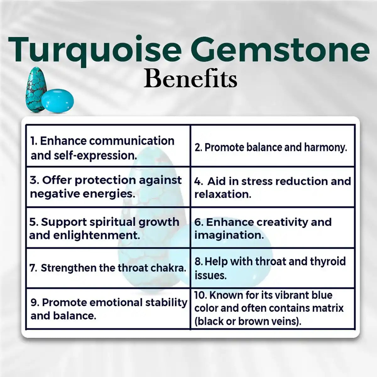 Turquoise gemstone benefits chart with images and text on a gray background