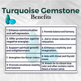 Turquoise gemstone benefits chart with images and text on a gray background