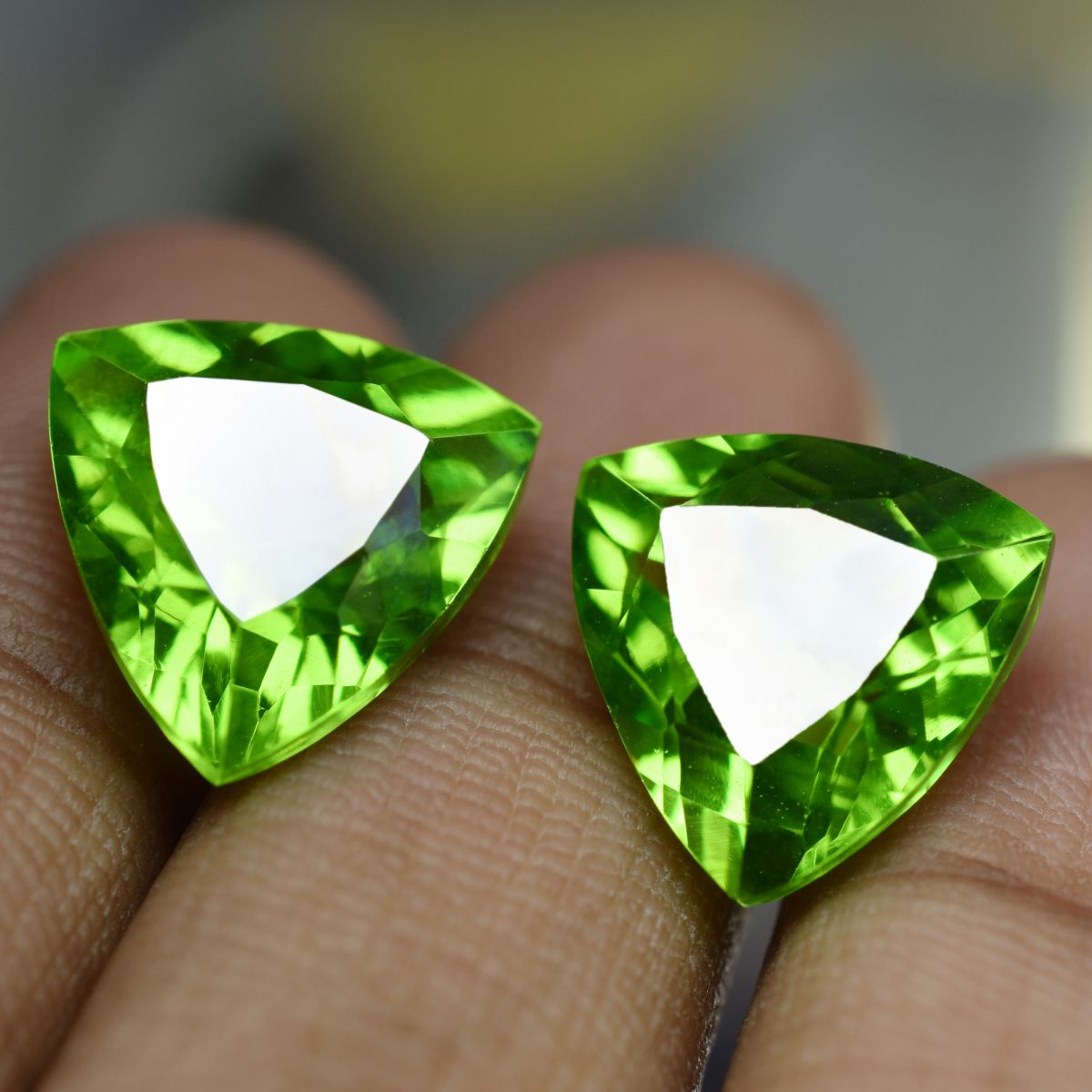 Rare Peridot Green CERTIFIED 16.00 Ct Natural Trillion Cut Loose Gemstone Pair