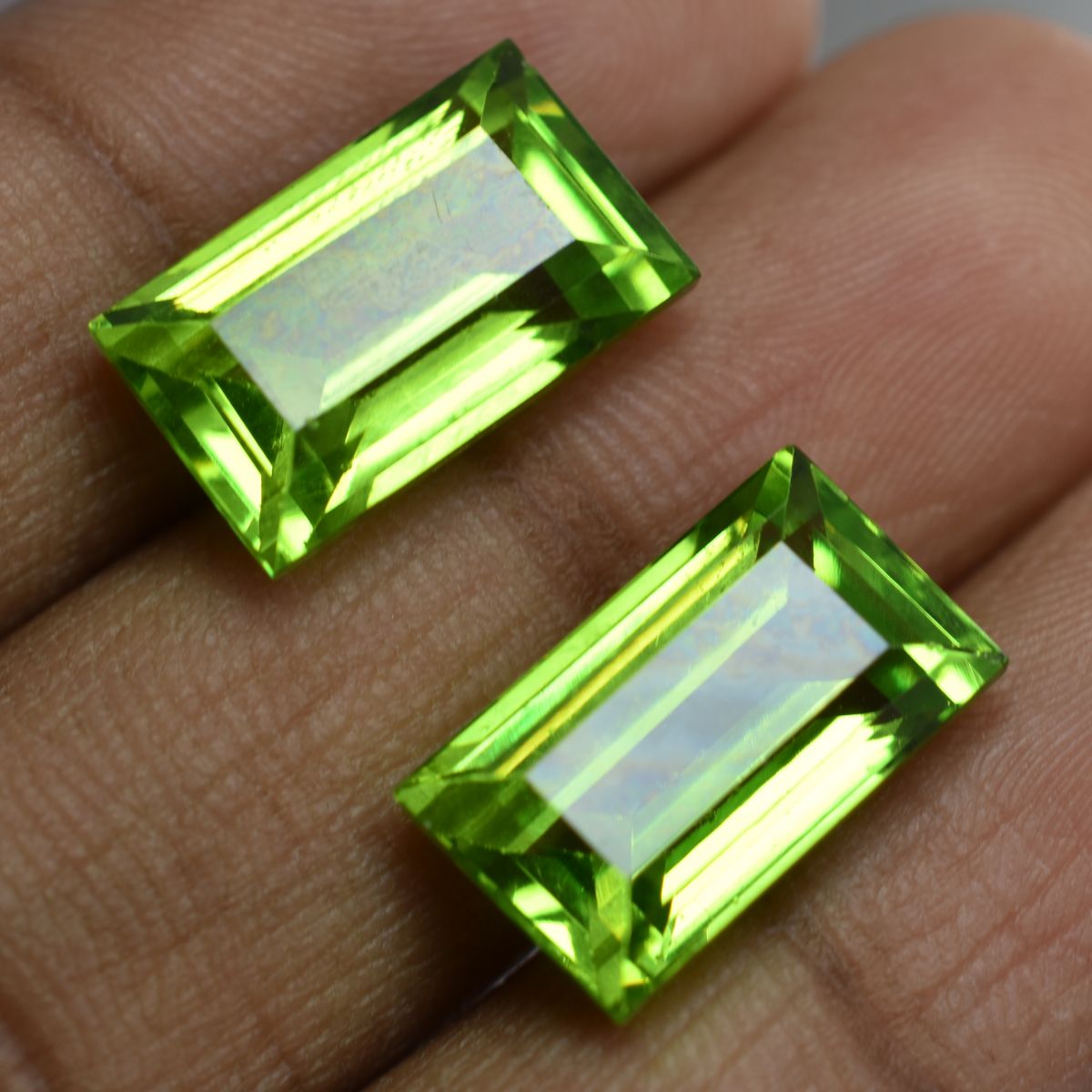 Natural Emerald Cut 16.08 Ct Rare Green Peridot Loose Gemstone Pair CERTIFIED