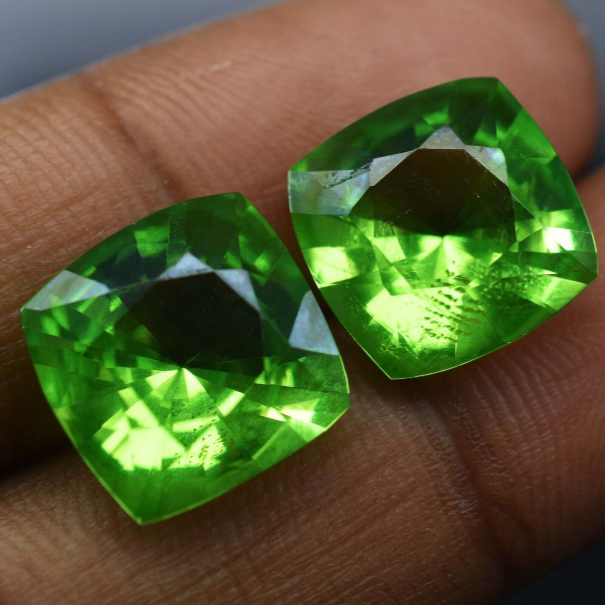 16.15 Ct Natural CERTIFIED Green Peridot Square Cushion Cut Loose Gemstone Pair