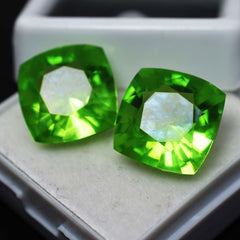 16.15 Ct Natural CERTIFIED Green Peridot Square Cushion Cut Loose Gemstone Pair