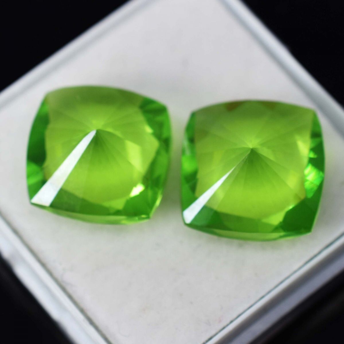 16.15 Ct Natural CERTIFIED Green Peridot Square Cushion Cut Loose Gemstone Pair