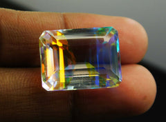 Lab-Created Emerald Shape Rainbow Mystic Topaz 18.6 Ct CERTIFIED Loose Gemstone