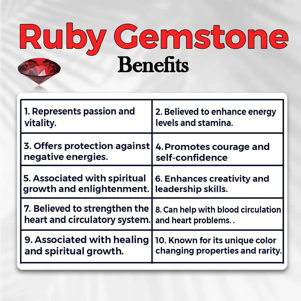 List of ruby gemstone benefits with a red ruby icon on a gray background
