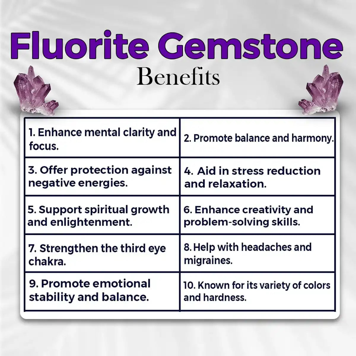Fluorite gemstone benefits list with crystal images on a white background