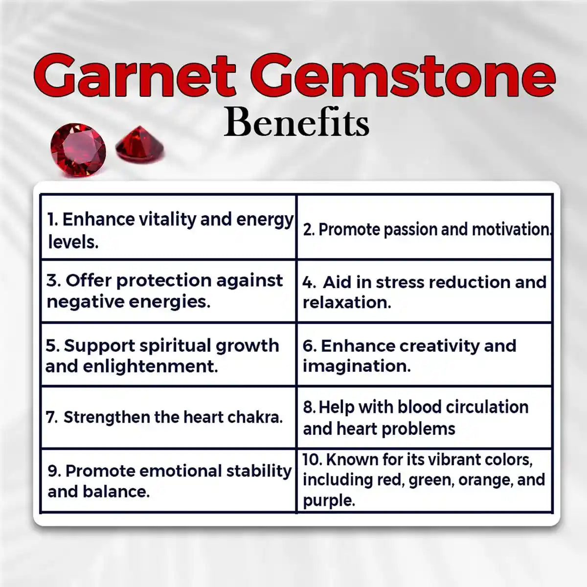 Garnet gemstone benefits chart with red gemstones on a white background
