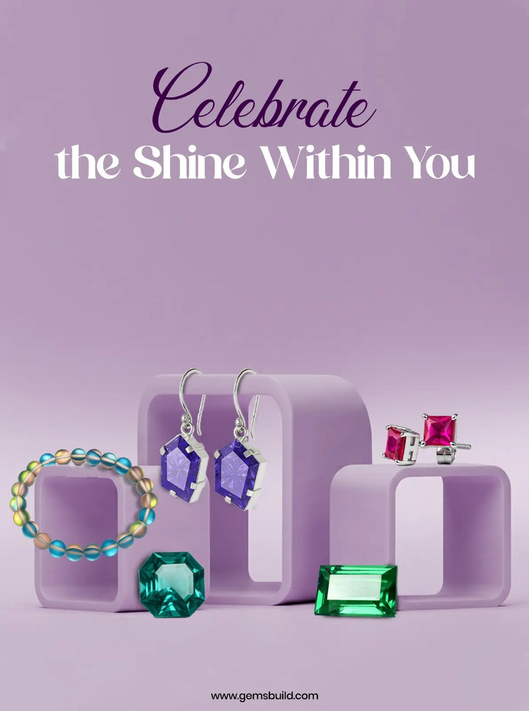 Jewelry set including earrings and bracelets on a purple background with text 'Celebrate the Shine Within You'.