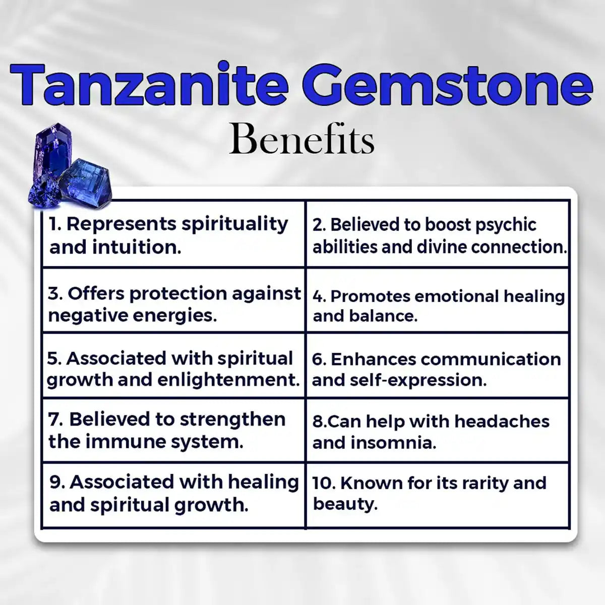 List of Tanzanite gemstone benefits with a blue gemstone icon on a white background.