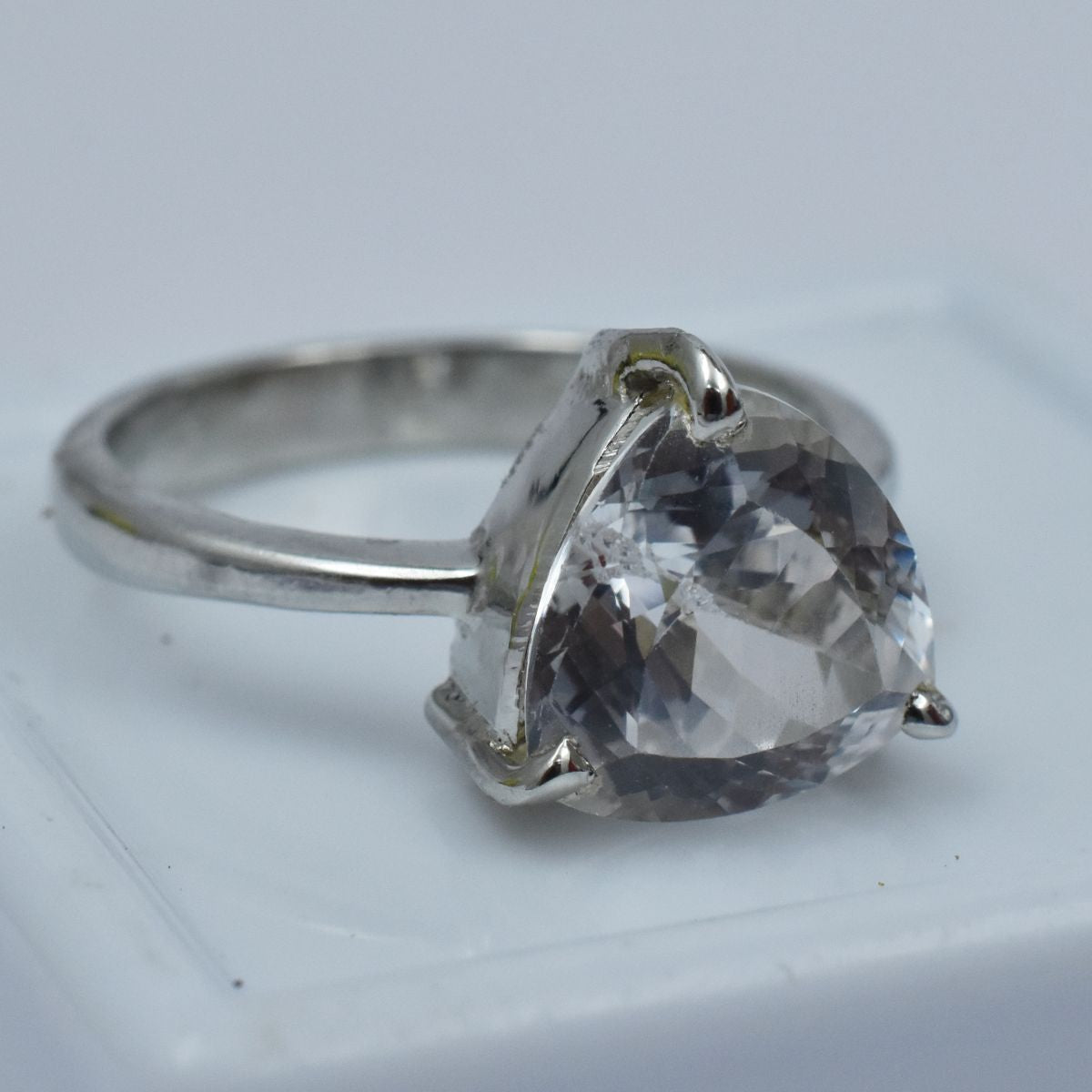 Silver White Sapphire Ring Trillion Gemstone Ring Sz 10.5 Simulant 22.05 Ct Ring