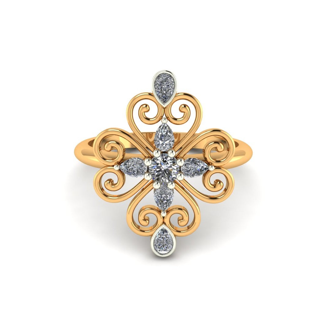 Floral Filigree Diamond Ring with Marquise Accents-18k Gold