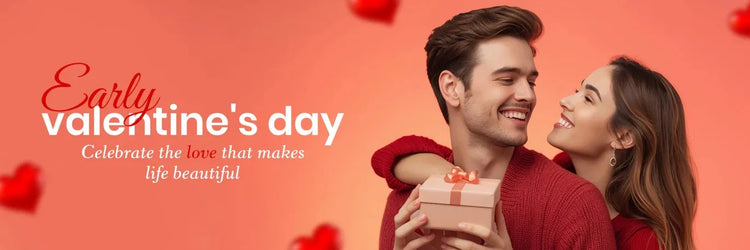 Couple holding a gift with 'Early Valentine's Day' text on a red background