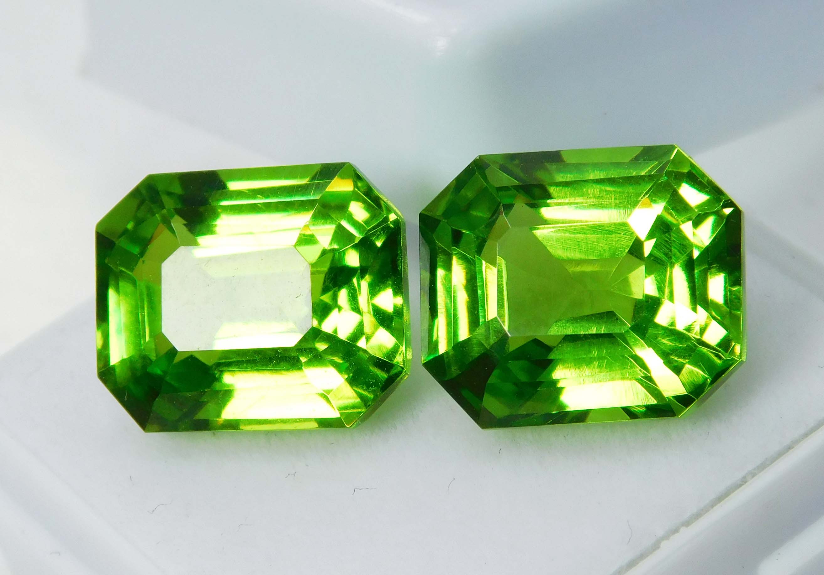 Emerald Cut 21.00 Ct Natural Green Peridot CERTIFIED Loose Gemstones Pair