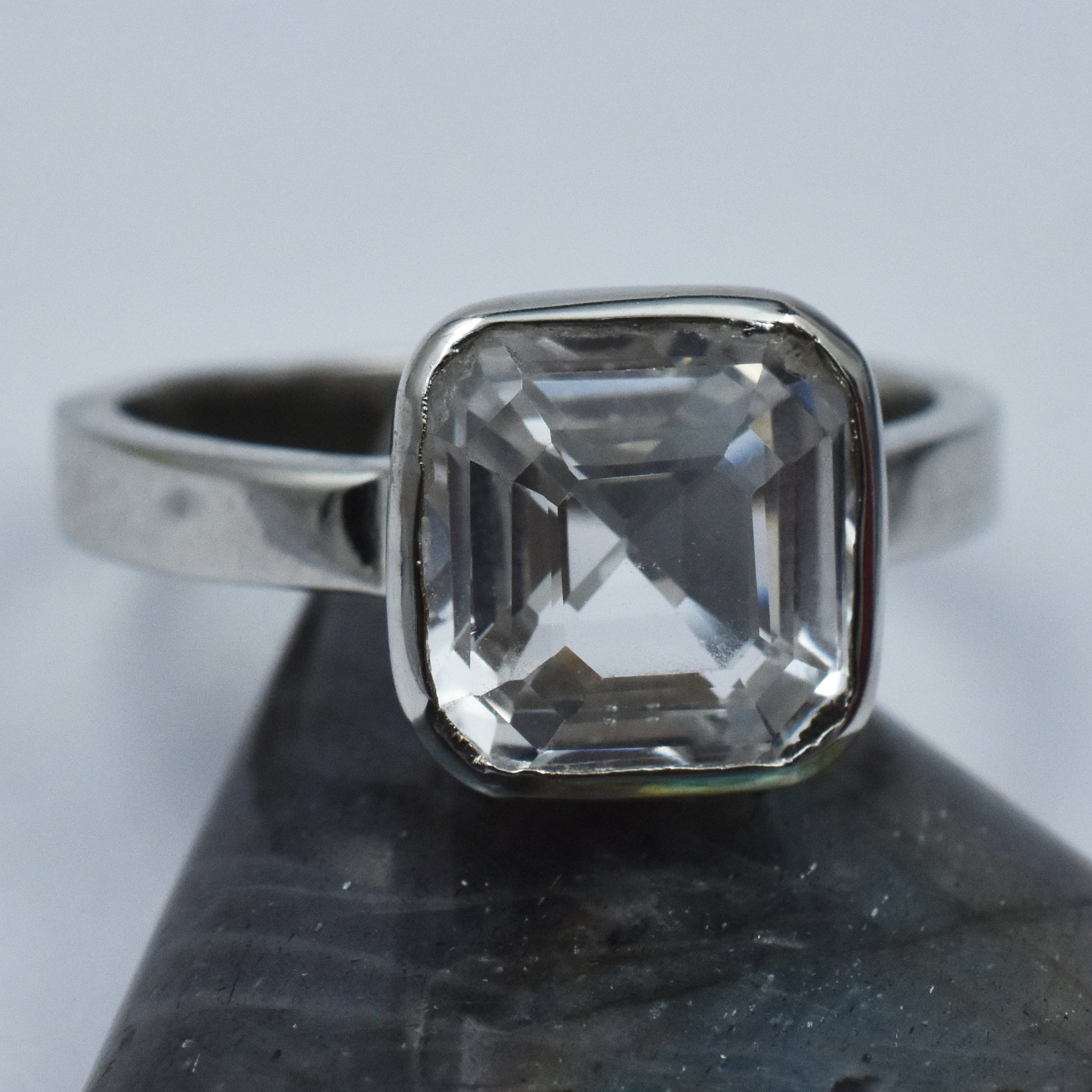 Silver Sapphire Ring White Color Ring Size 9.5 Square Cut Stone 21.60 Ct