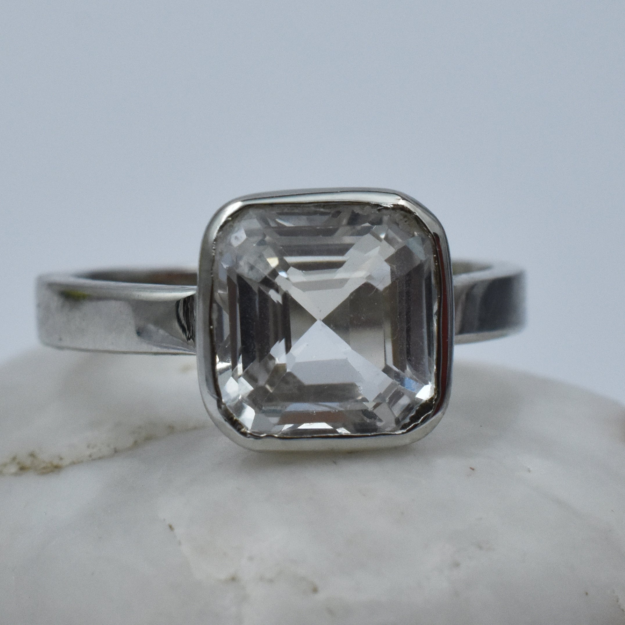 Silver Sapphire Ring White Color Ring Size 9.5 Square Cut Stone 21.60 Ct