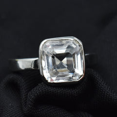 Silver Sapphire Ring White Color Ring Size 9.5 Square Cut Stone 21.60 Ct